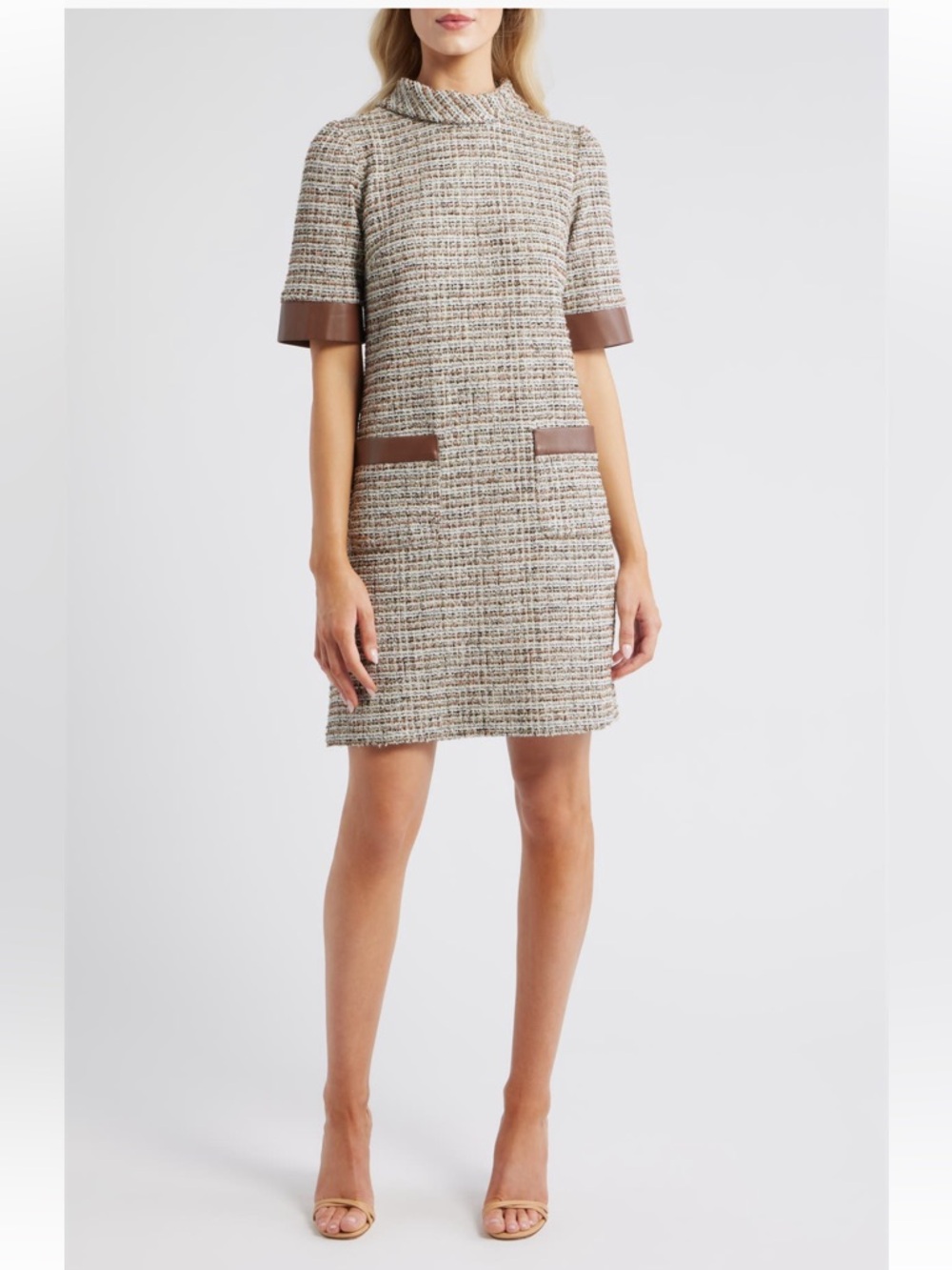 NWT Julia Jordan Faux-Leather-Trim Tweed Shift Dress size 10